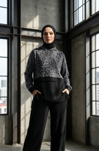 Ensemble Deux Pièces à Capuche Imprimé Léopard 2224-01 Anthracite 2224-01