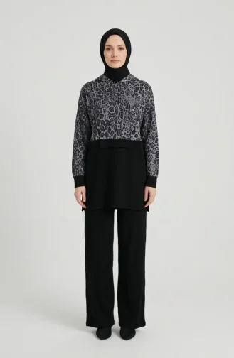 Ensemble Deux Pièces à Capuche Imprimé Léopard 2224-01 Anthracite 2224-01