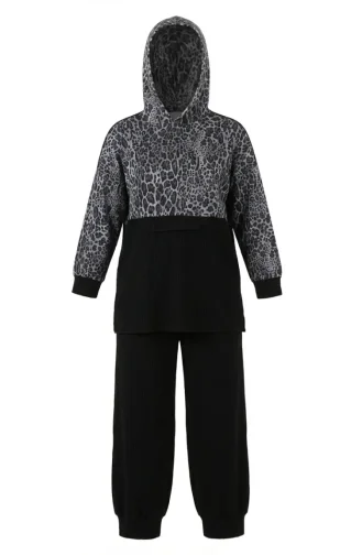 Ensemble Deux Pièces à Capuche Imprimé Léopard 2224-01 Anthracite 2224-01