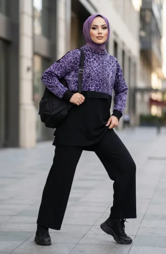 Leopard Print Hooded Two-Piece Set 2224-02 Purple 2224-02