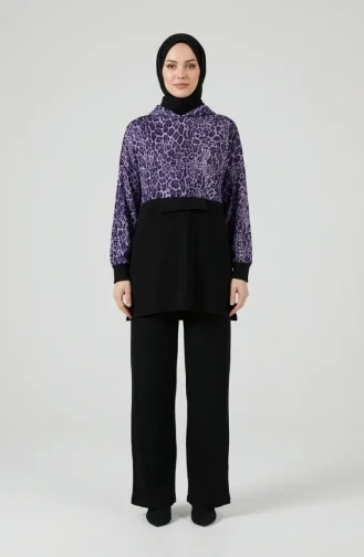 Leopard Print Hooded Two-Piece Set 2224-02 Purple 2224-02