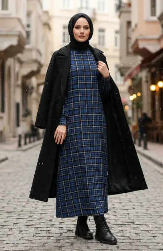 بدلة شتوية بنقشة مربعات، لون أزرق داكن، رقم الموديل 2507-01 2507-01