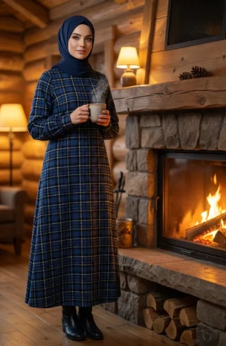 بدلة شتوية بنقشة مربعات، لون أزرق داكن، رقم الموديل 2507-01 2507-01