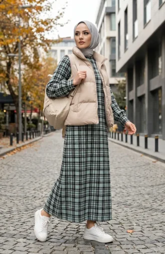 فستان شتوي بنقشة مربعات بنمط حطاب، 2507-03، أخضر فاتح 2507-03