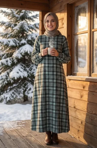 فستان شتوي بنقشة مربعات بنمط حطاب، 2507-03، أخضر فاتح 2507-03