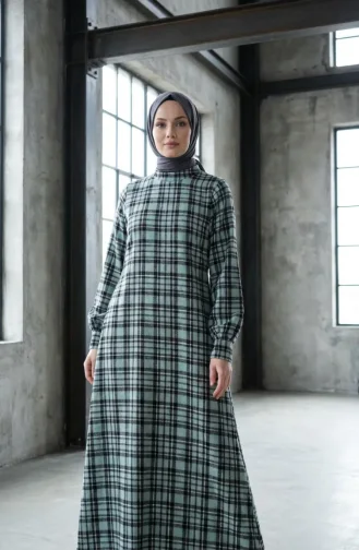 فستان شتوي بنقشة مربعات بنمط حطاب، 2507-03، أخضر فاتح 2507-03