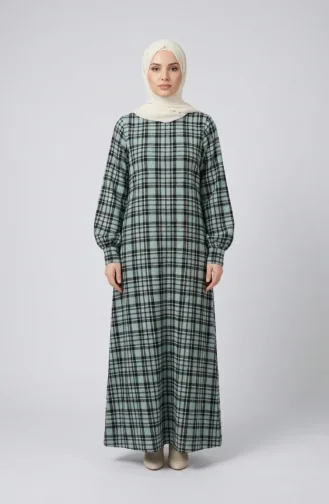 فستان شتوي بنقشة مربعات بنمط حطاب، 2507-03، أخضر فاتح 2507-03