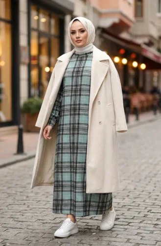فستان شتوي بنقشة مربعات بنمط حطاب، 2508-02، أخضر فاتح 2508-02