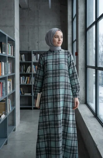 فستان شتوي بنقشة مربعات بنمط حطاب، 2508-02، أخضر فاتح 2508-02