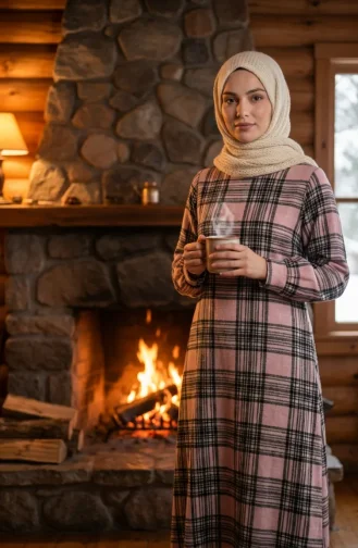 فستان شتوي بنقشة مربعات بنمط حطاب، 2508-03، لون وردي فاتح 2508-03