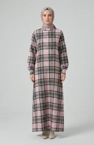 فستان شتوي بنقشة مربعات بنمط حطاب، 2508-03، لون وردي فاتح 2508-03