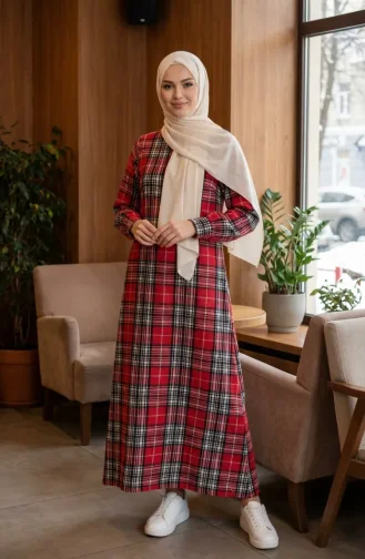 بدلة شتوية بنقشة مربعات على طراز الحطاب، رقم الموديل 2508-05، لون أحمر 2508-05