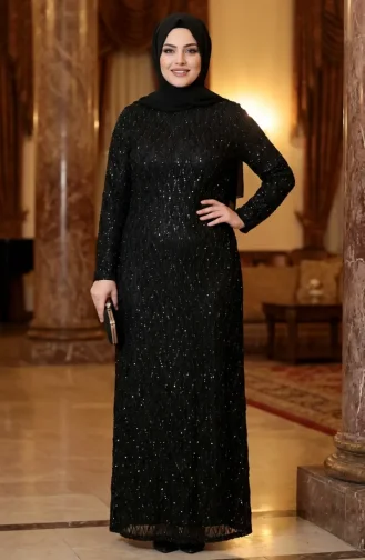 فستان سهرة أسود مزين بالترتر بمقاسات كبيرة للحجاب 6262-01 6262-01