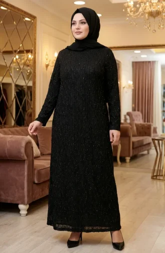 فستان سهرة أسود مزين بالترتر بمقاسات كبيرة للحجاب 6262-01 6262-01