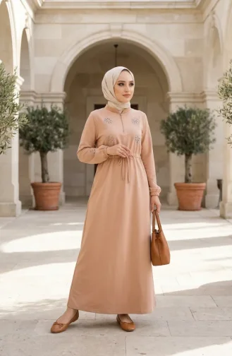 Robe Beige à Fermeture éclair Et Détails En Pierre 71066-01 71066-01