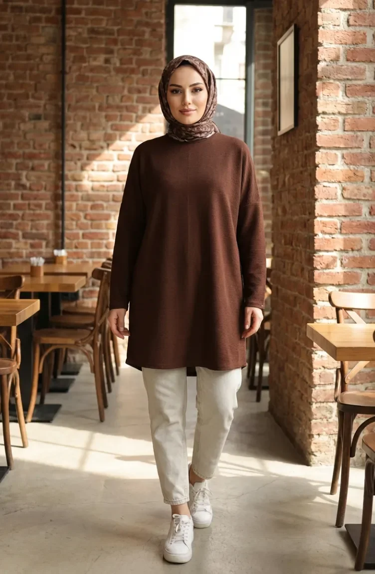 Rahat Kesim Mevsimlik Tunik Iç Göstermez Büyük Beden Tunik Anne Tunik 8766-02 Kahverengi