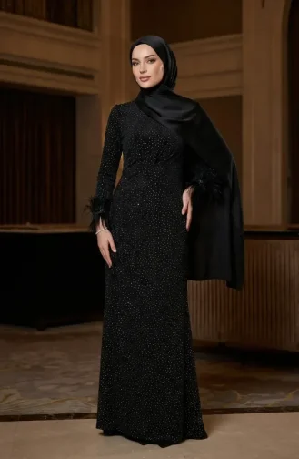 Glitterende Avondjurk Met Veren En Gedrapeerde Hijab 5705-01 Zwart 5705-01