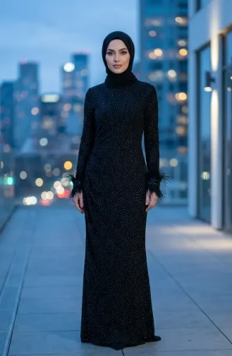 Glitterende Avondjurk Met Veren En Gedrapeerde Hijab 5705-01 Zwart 5705-01