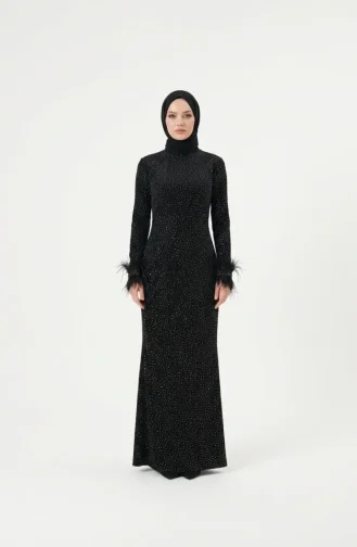Glitterende Avondjurk Met Veren En Gedrapeerde Hijab 5705-01 Zwart 5705-01