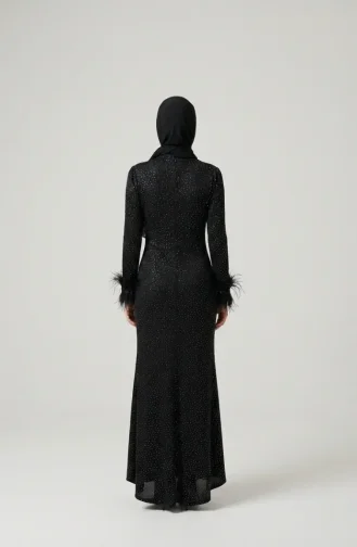 Glitterende Avondjurk Met Veren En Gedrapeerde Hijab 5705-01 Zwart 5705-01