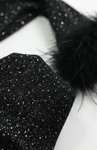 Glitterende Avondjurk Met Veren En Gedrapeerde Hijab 5705-01 Zwart 5705-01
