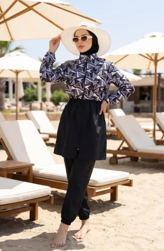 Melis Elastic Waist Hijab Swimsuit 5042-01 Black White 5042-01