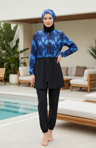 Adjustable Waist Zippered Modest Swimsuit With Free Swim Cap 1907-04 Saks 1907-04