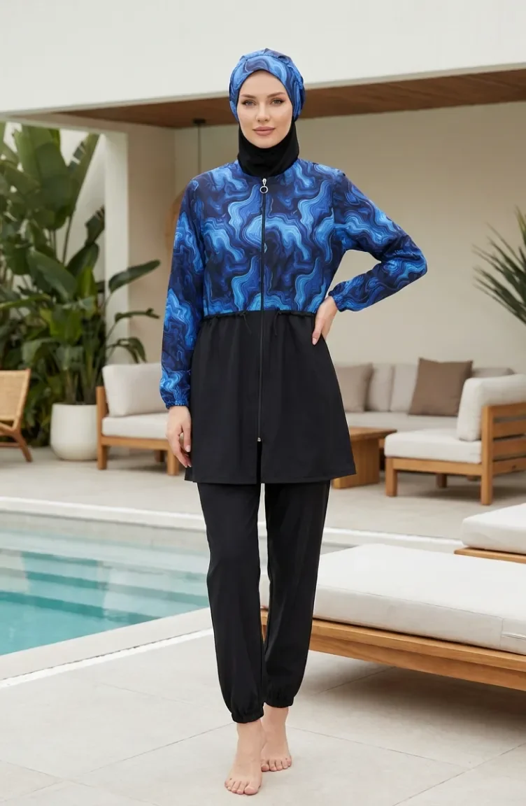 Adjustable Waist Zippered Modest Swimsuit With Free Swim Cap 1907-04 Saks 1907-04