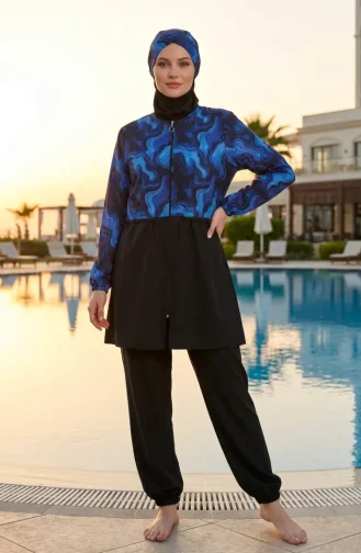 Adjustable Waist Zippered Modest Swimsuit With Free Swim Cap 1907-04 Saks 1907-04