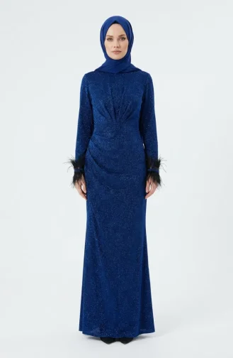 Glitterende Avondjurk Met Gedrapeerde Hijab En Veren Model 5705-04 Indigo 5705-04