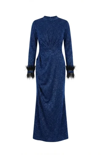 Glitterende Avondjurk Met Gedrapeerde Hijab En Veren Model 5705-04 Indigo 5705-04