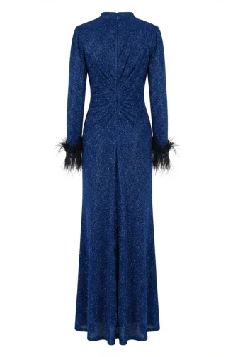 Glitterende Avondjurk Met Gedrapeerde Hijab En Veren Model 5705-04 Indigo 5705-04