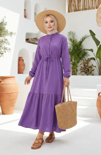 Kleid Mit Halber Knopfleiste Und Kordelzug In Der Taille 0183-06 Flieder 0183-06