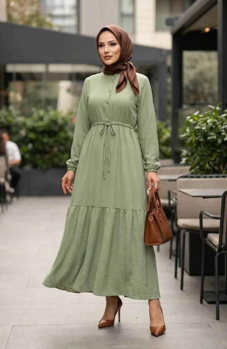 Halbgeknöpftes Kleid Mit Gürtel In Der Taille 0183-07 Hellgrün 0183-07