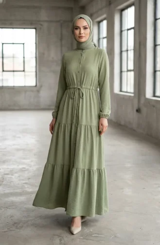 Halbgeknöpftes Kleid Mit Gürtel In Der Taille 0183-07 Hellgrün 0183-07