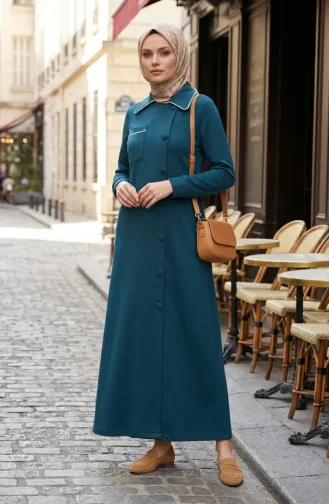 عباية بأزرار مزدوجة الخيوط 71176-03 لون بترولي داكن 71176-03
