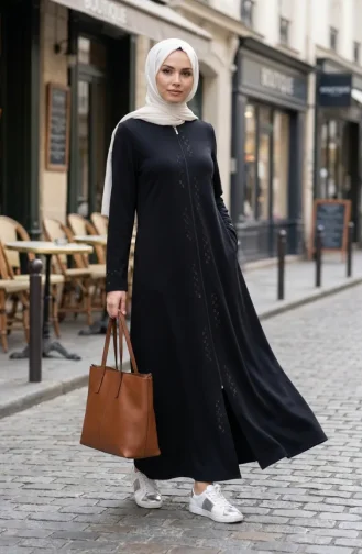 Zippered Embellished Abaya 71179-01 Navy Blue 71179-01