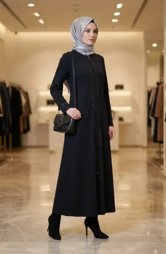 Zippered Embellished Abaya 71179-01 Navy Blue 71179-01