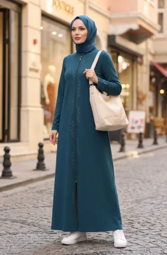 Zippered Embellished Abaya 71179-02 Petrol 71179-02