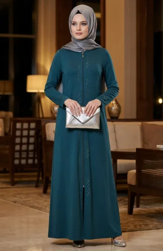 Zippered Embellished Abaya 71179-02 Petrol 71179-02