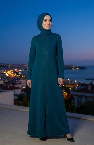 Zippered Embellished Abaya 71179-02 Petrol 71179-02