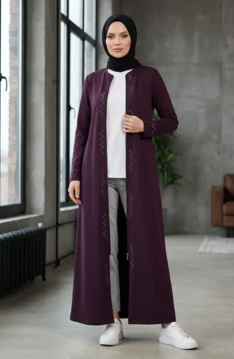 Fermuarlı Taşlı Ferace 71179-03 Mürdüm