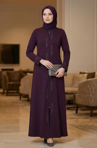 Fermuarlı Taşlı Ferace 71179-03 Mürdüm