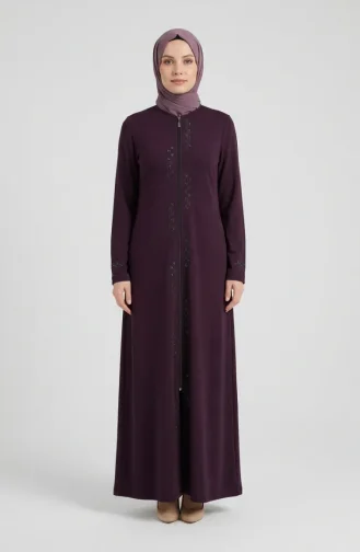 Fermuarlı Taşlı Ferace 71179-03 Mürdüm
