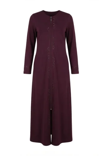 Fermuarlı Taşlı Ferace 71179-03 Mürdüm