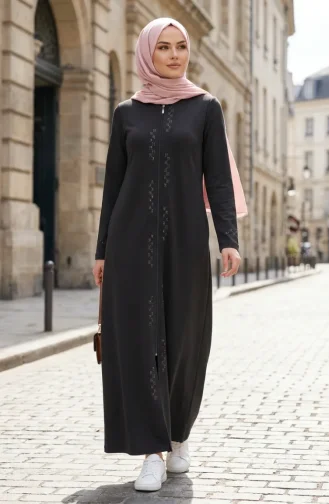 Zippered Embellished Abaya 71179-04 Black 71179-04