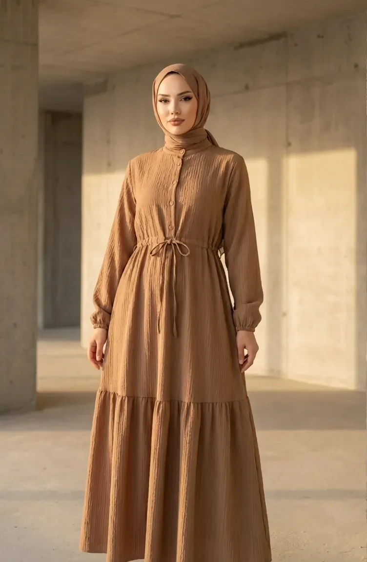Robe Demi-boutonnée à Taille élastiquée Avec Cordon De Serrage 0183-05 Camel 0183-05
