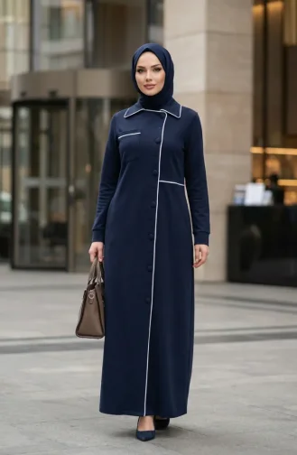Two-Thread Buttoned Abaya 71176-06 Navy Blue 71176-06