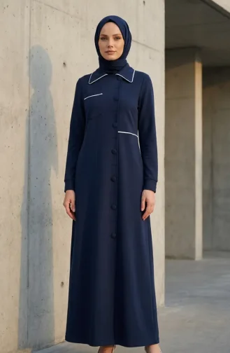Two-Thread Buttoned Abaya 71176-06 Navy Blue 71176-06