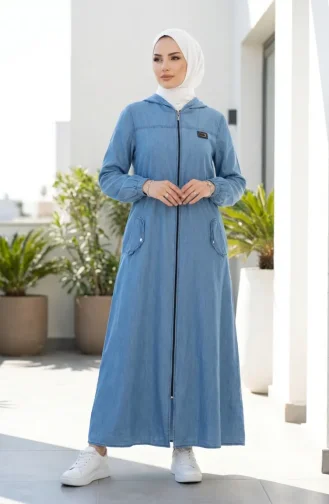 Abaya Zippée à Capuche En Tissu Tencel 1601-01 Bleu 1601-01